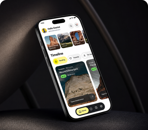 Scenic route navigation and tour planner mobile app UX/UI design by Centmore featuring trip planning, destination discovery, interactive maps, and travel navigation.